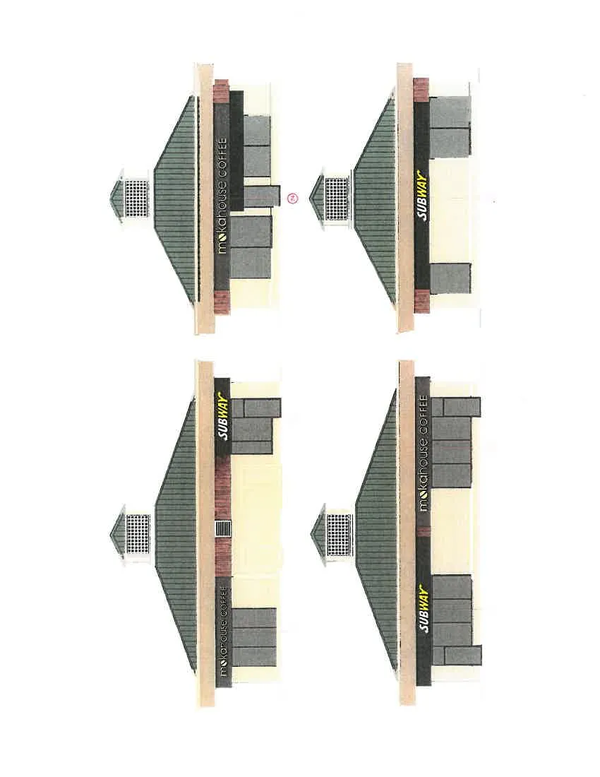 Architectural elevations for a separate building structure featuring signage for two primary tenants:
* **mokahouse COFFEE:** Locations 20, 22, and 24
* **SUBWAY:** Locations 21, 23, and 25