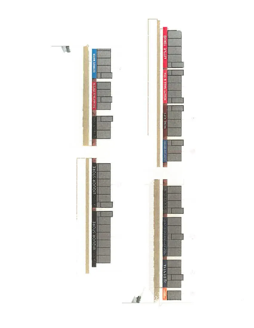 Architectural elevations showing storefronts and signage for the following businesses and professional offices:
* **26, 27, 28:** LIQUOR STORE
* **30:** Second Slice PIZZA
* **32:** ULTIMATE WATER
* **33, 34:** DENTAL
* **35:** OPTOMETRY CLINIC
* **38:** WINE KITS
* **39:** BEAUTY NAILS & SPA
* **40:** LITTLE TOKYO