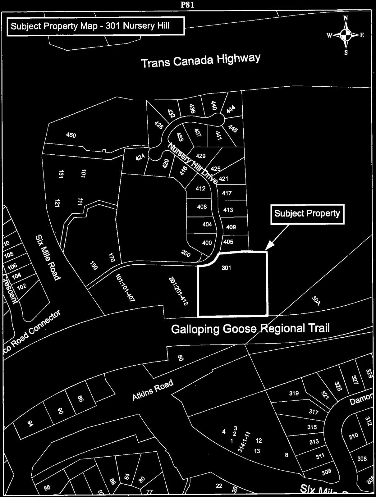 Subject property map showing lot 301 on Nursery Hill Drive, bounded by the Galloping Goose Regional Trail to the south. Surrounding area includes Trans Canada Highway to the north, Atkins Road to the south, and Six Mile Road to the west.