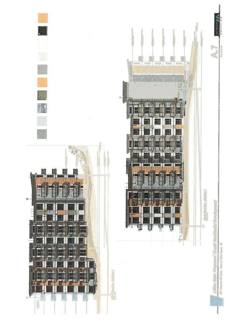 Full screenshot of page A.6 showing West and South building elevations and materials key