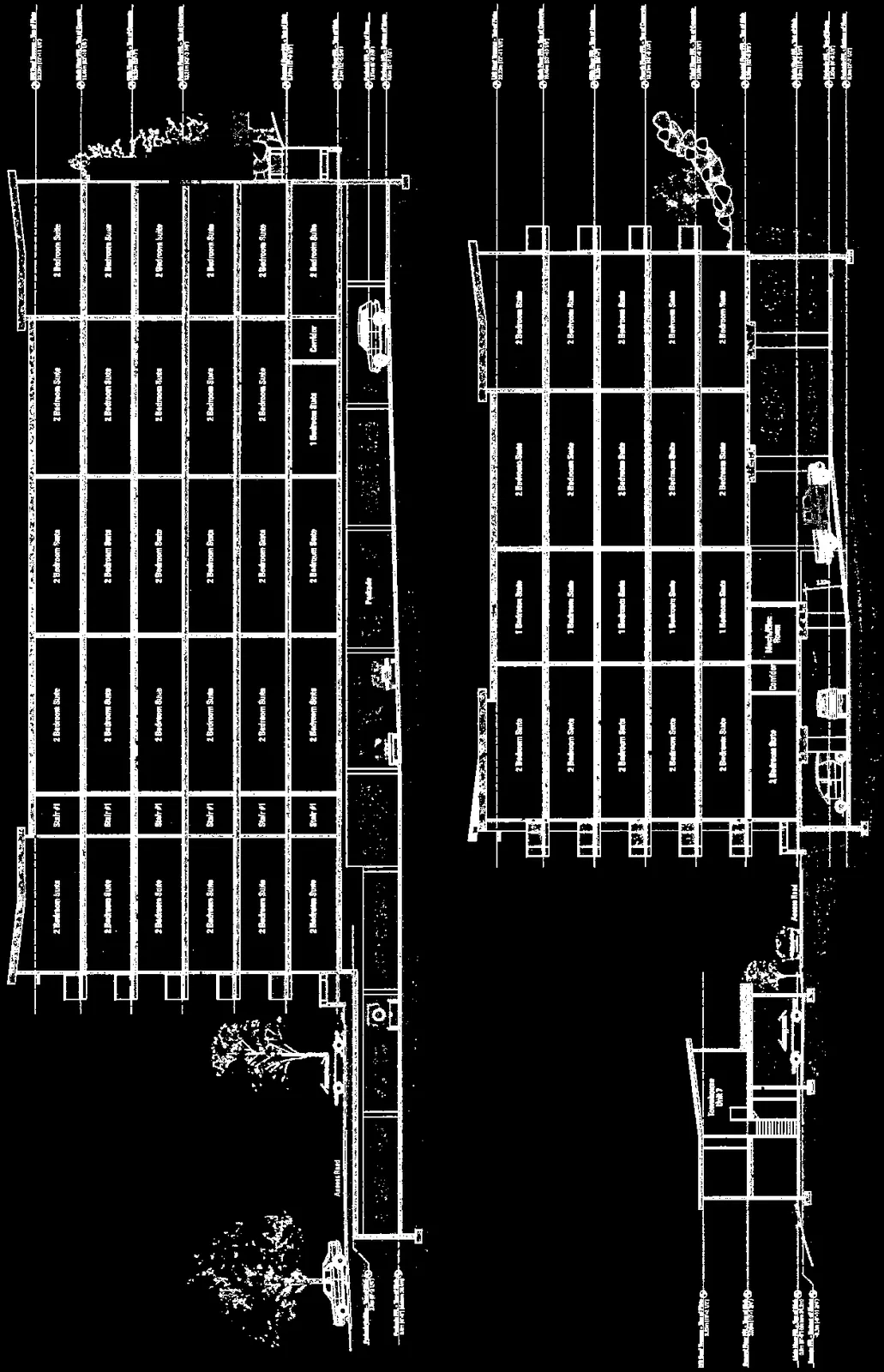 Detailed North, West, South, and East elevations for Building 2 and Building 3