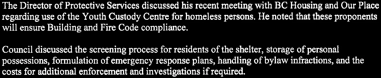 Text segment regarding the Director of Protective Services meeting and Council discussions on shelter management