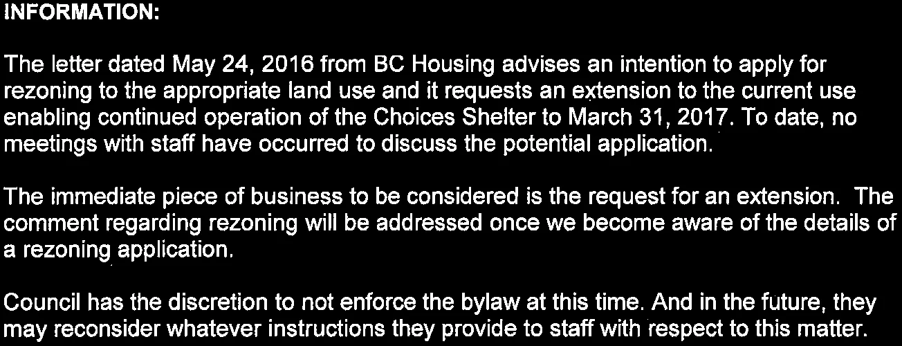 Text segment detailing Information on the rezoning application status and bylaw enforcement discretion