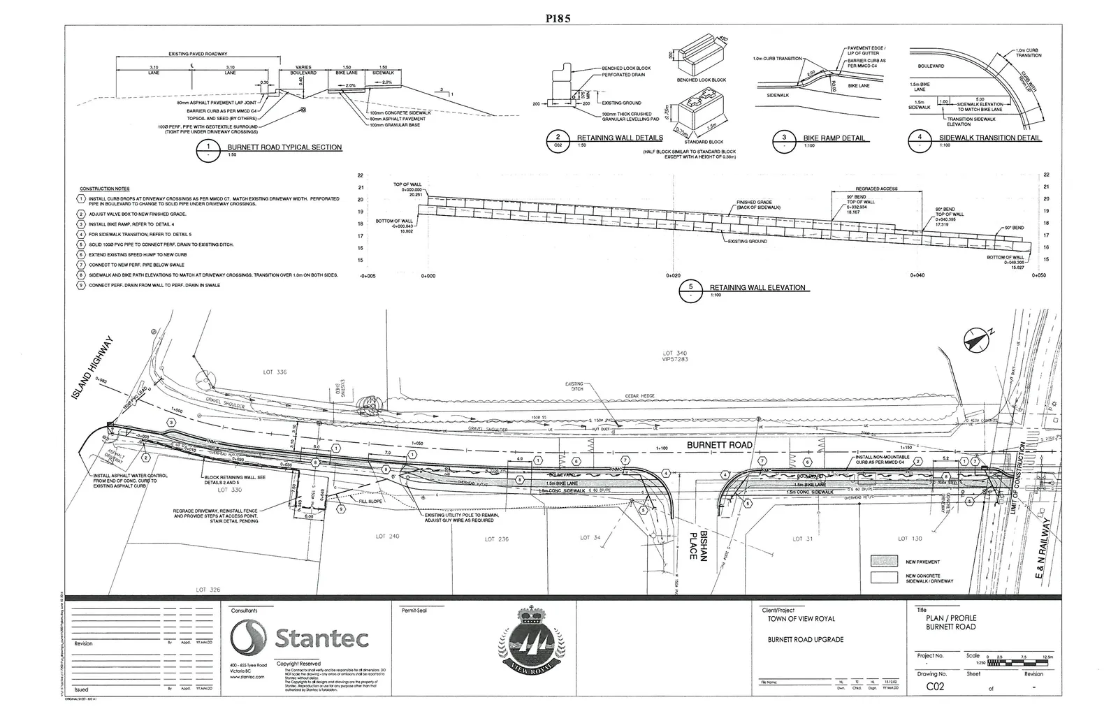 Engineering drawing for Burnett Road Upgrade including plan and profile views, typical sections, and construction notes.