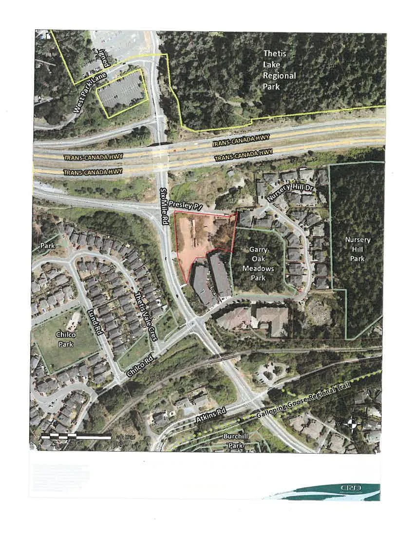 Subject Property Orthophoto showing the property at 430 Six Mile Rd outlined in red, including surrounding roads, residential areas, and regional parks.