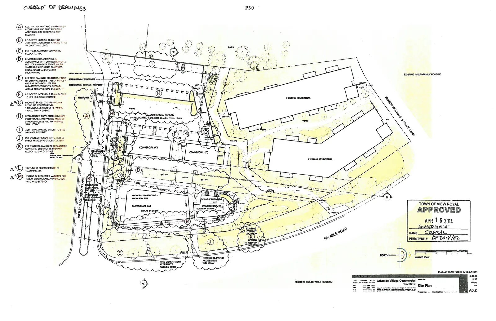 Detailed site plan for Lakeside Village Commercial, showing building footprints for Commercial (A), (B), (C), and (D), parking areas, fire department access, and surrounding roads including Six Mile Road and Presley Place.