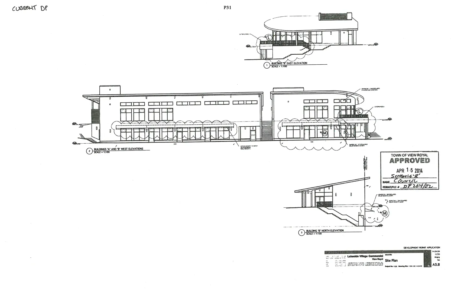 Elevation drawings for buildings A and B, including east, west, and north views, highlighting solar shading canopies and exterior decks.