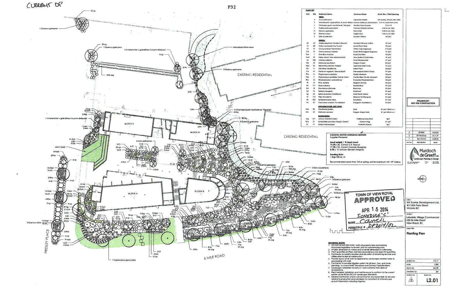 Detailed landscape and planting plan map for the project site at 430 Six Mile Road, identifying specific plant species, quantities, and locations.