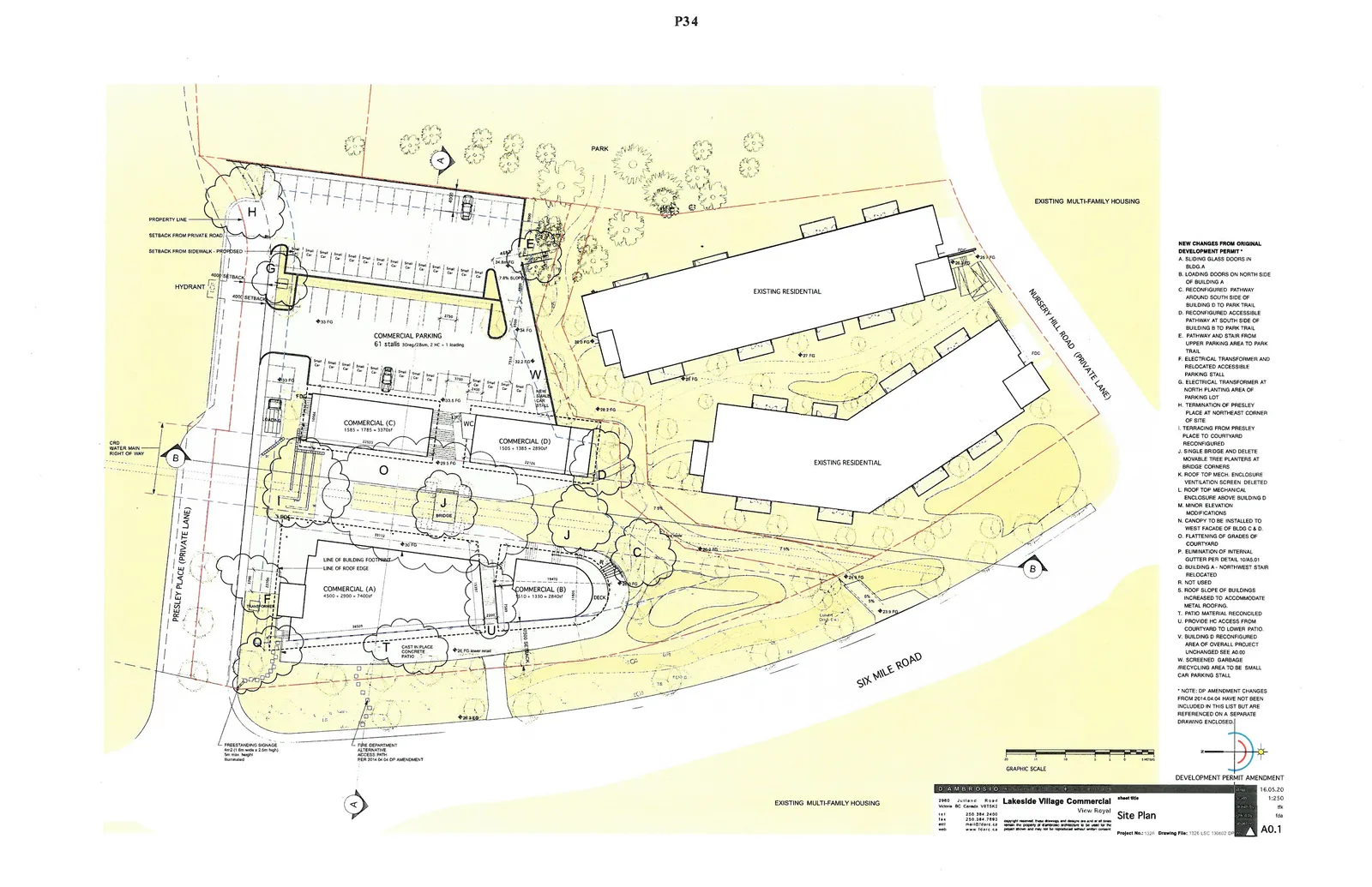 Colored Site Plan showing building layout, parking area, and connections to existing residential areas and Six Mile Road