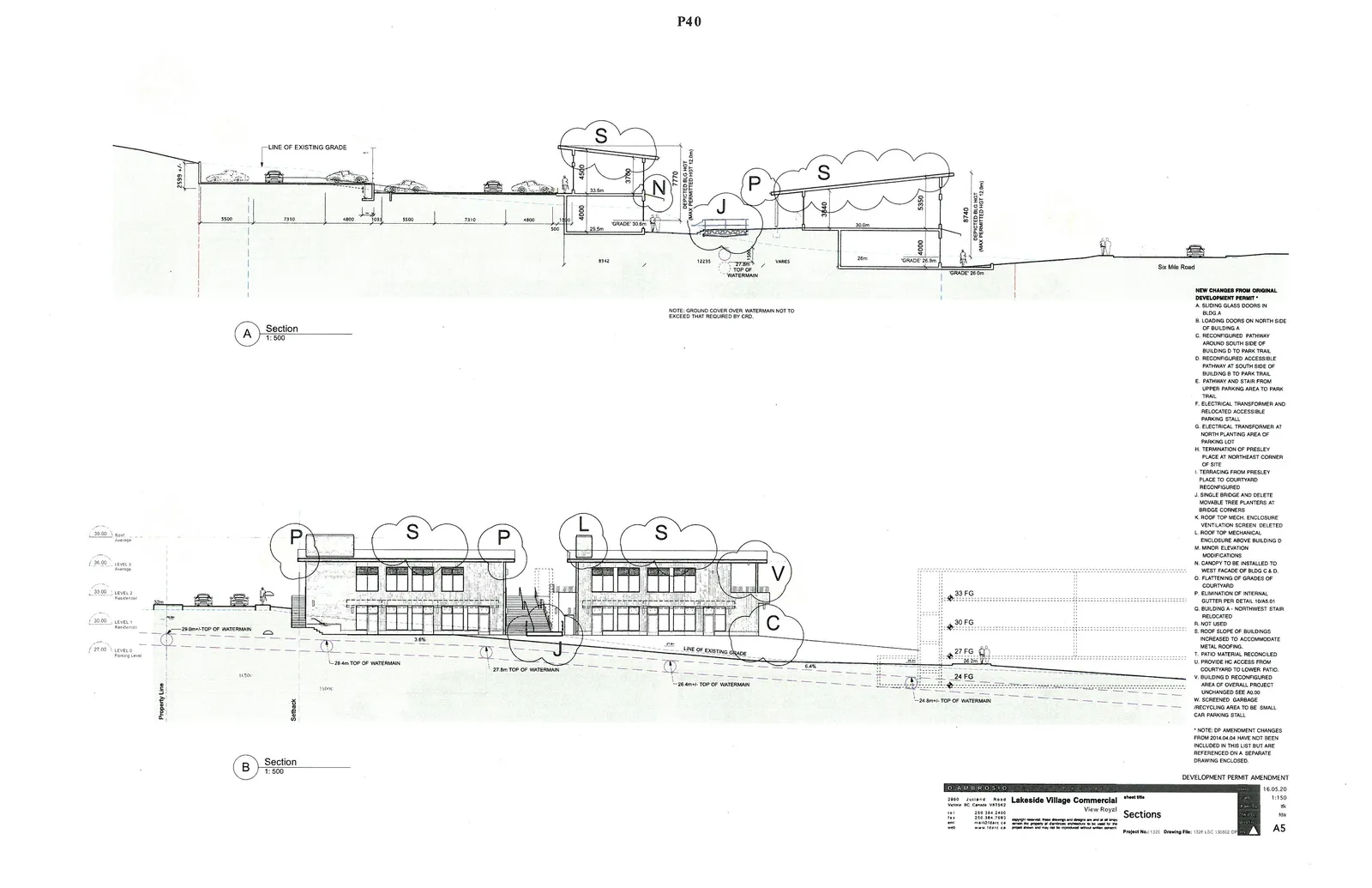 Building Sections A and B showing the relationship between grades, buildings, and the park area