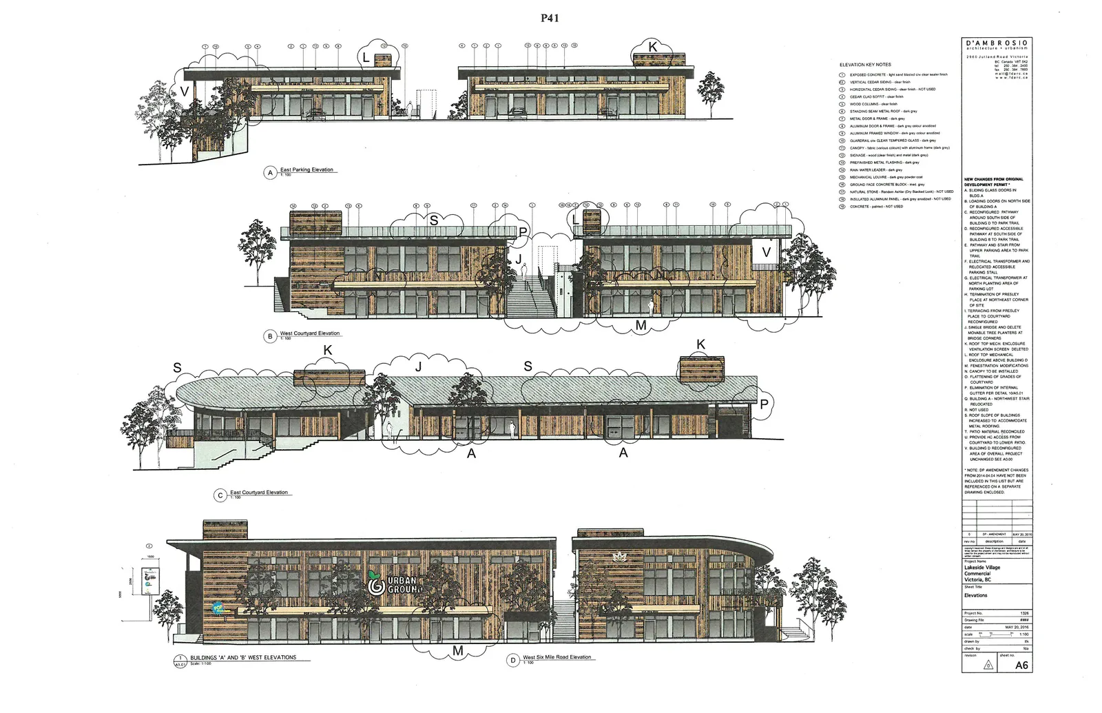 East Parking Elevation (A), West Courtyard Elevation (B), East Courtyard Elevation (C), and West Six Mile Road Elevation (D)