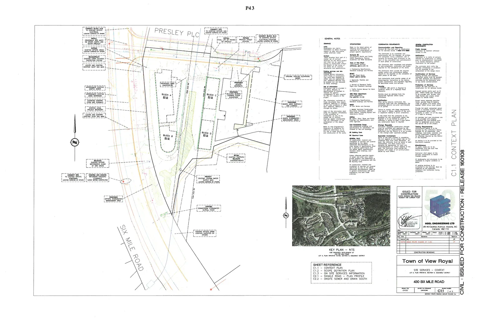 Site Context Plan for 430 Six Mile Road development, showing proposed blocks A, B, C, and D, access driveways, landscaping, and proposed connections to existing utilities on Presley PLC and Six Mile Road. Map annotations include "Connect Site to Existing Offsite Gas Main", "Extend Existing Offsite Drain", "Locate and Confirm Existing 213P Gas Main", "Retain Existing Crosspath", and "Protect Existing 1200mm Water Supply Main".