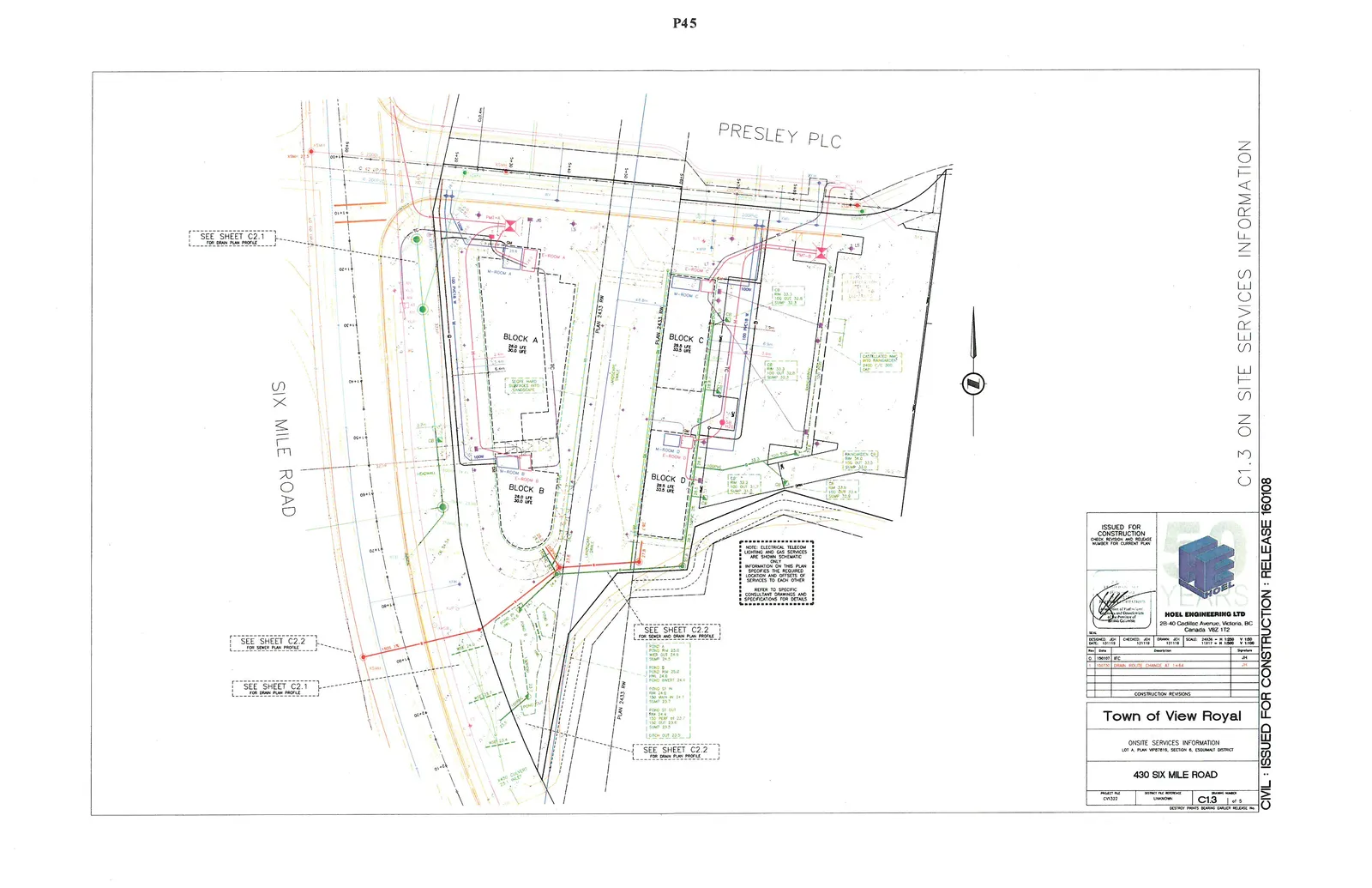 Site plan drawing C13 showing onsite services information for 430 Six Mile Road, including building blocks A, B, C, and D, and utility layouts.