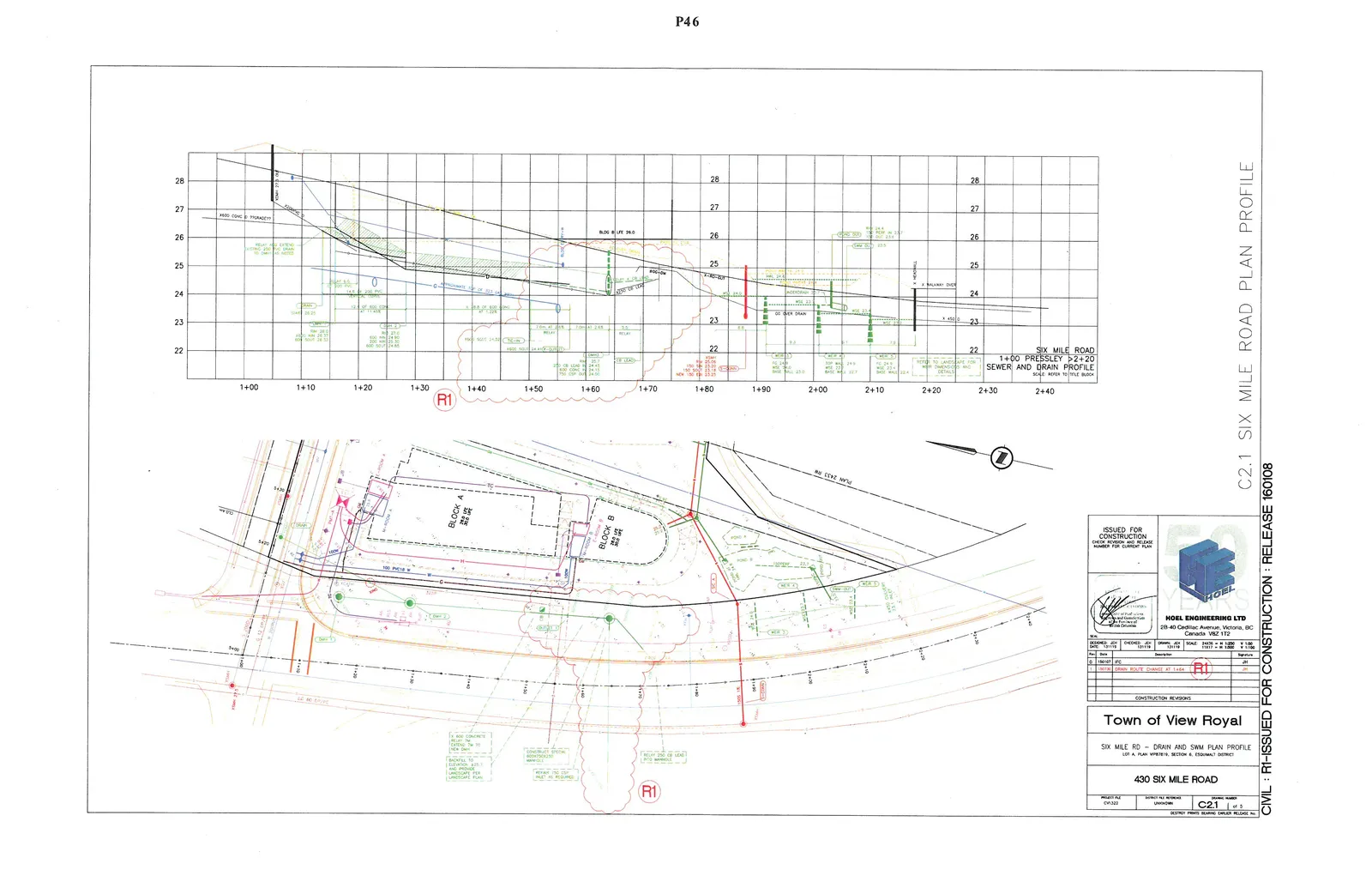 Engineering drawing C21 titled "SIX MILE ROAD PLAN PROFILE" showing a profile view and a plan view for 430 Six Mile Road in the Town of View Royal.