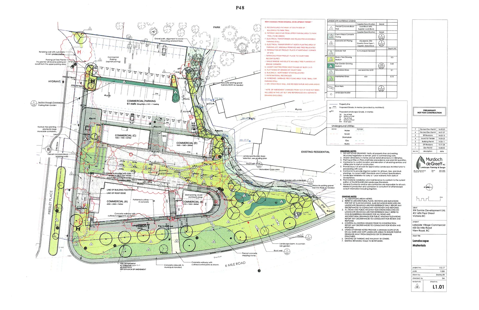 Landscape Materials plan for Lakeside Village Commercial development showing site layout with buildings A through D, parking areas, and detailed landscaping features including rain gardens, trails, and rock walls.
