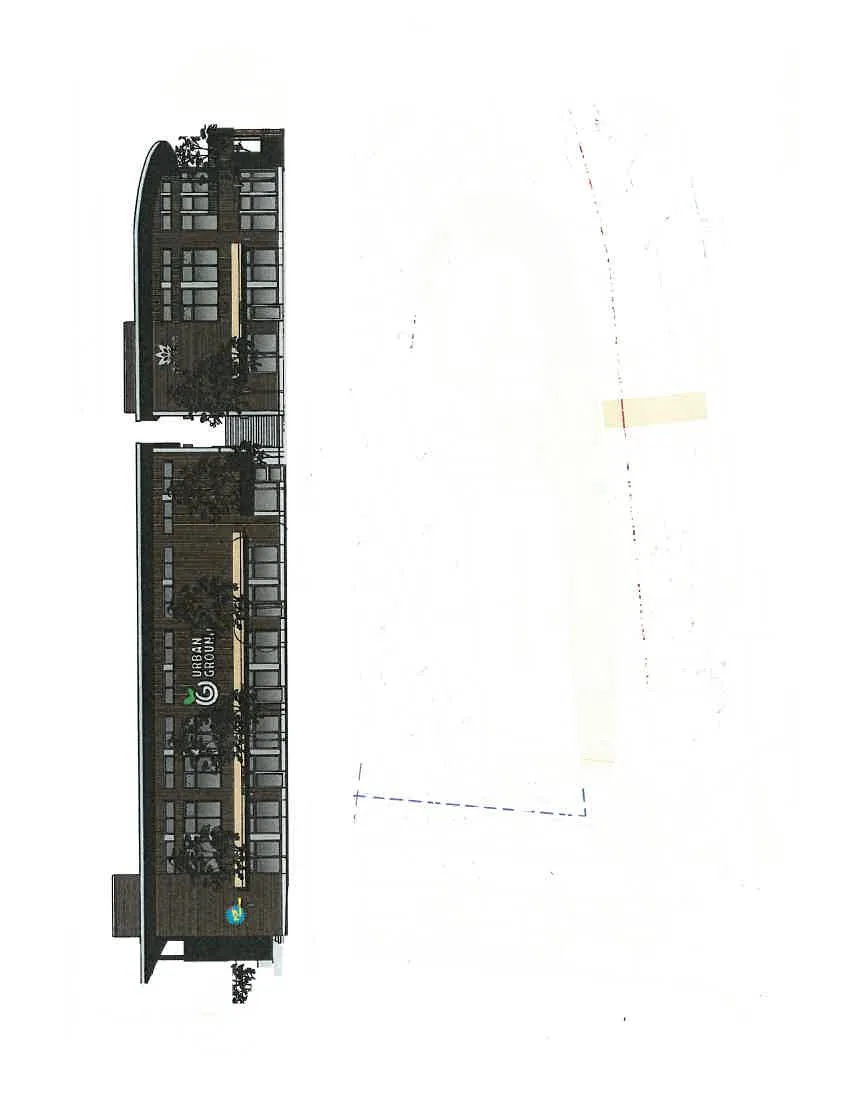 Architectural elevation rendering of Buildings 'A' and 'B' showing storefronts and "URBAN GROUND" signage