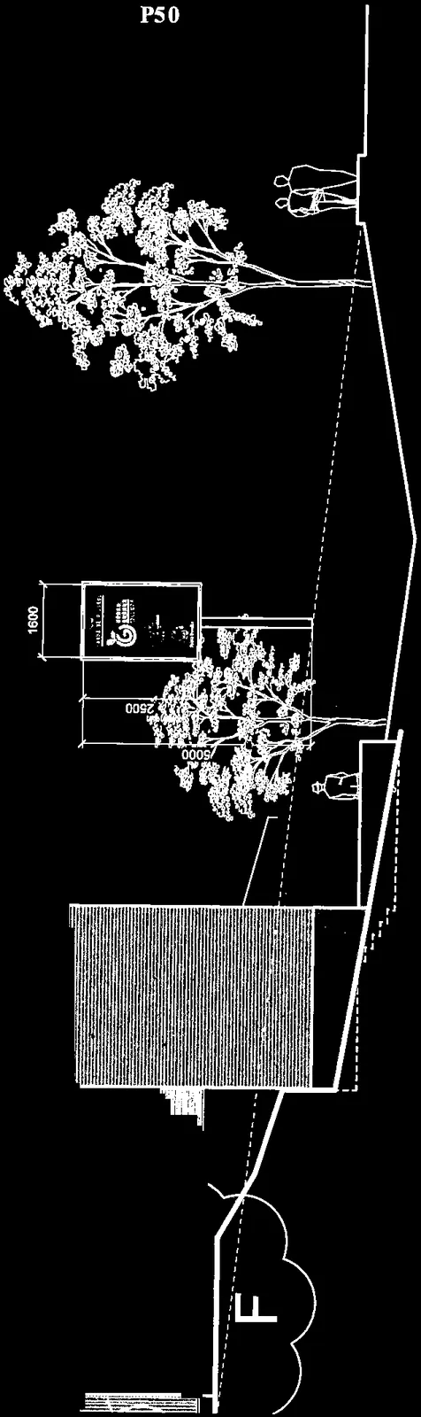 Architectural elevation drawing showing a freestanding sign in relation to a building, trees, and figures for scale
