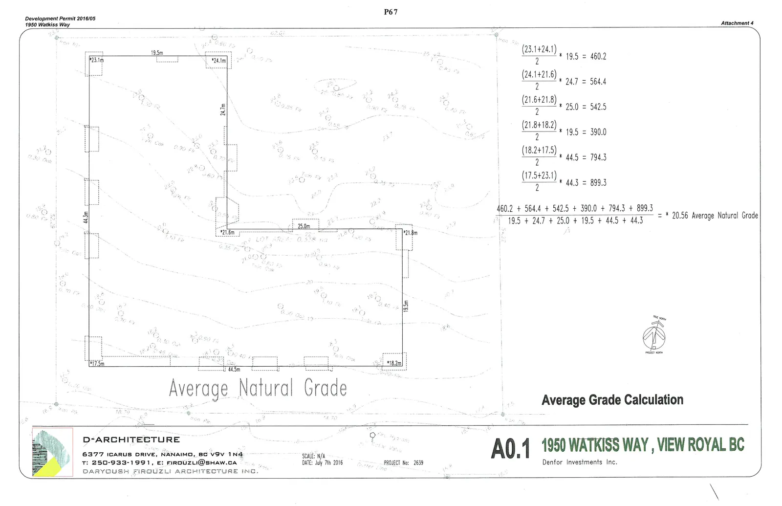 Site plan and technical drawing showing the building footprint, topographic contour lines, spot elevations at corners, and the mathematical formula for calculating the Average Natural Grade.