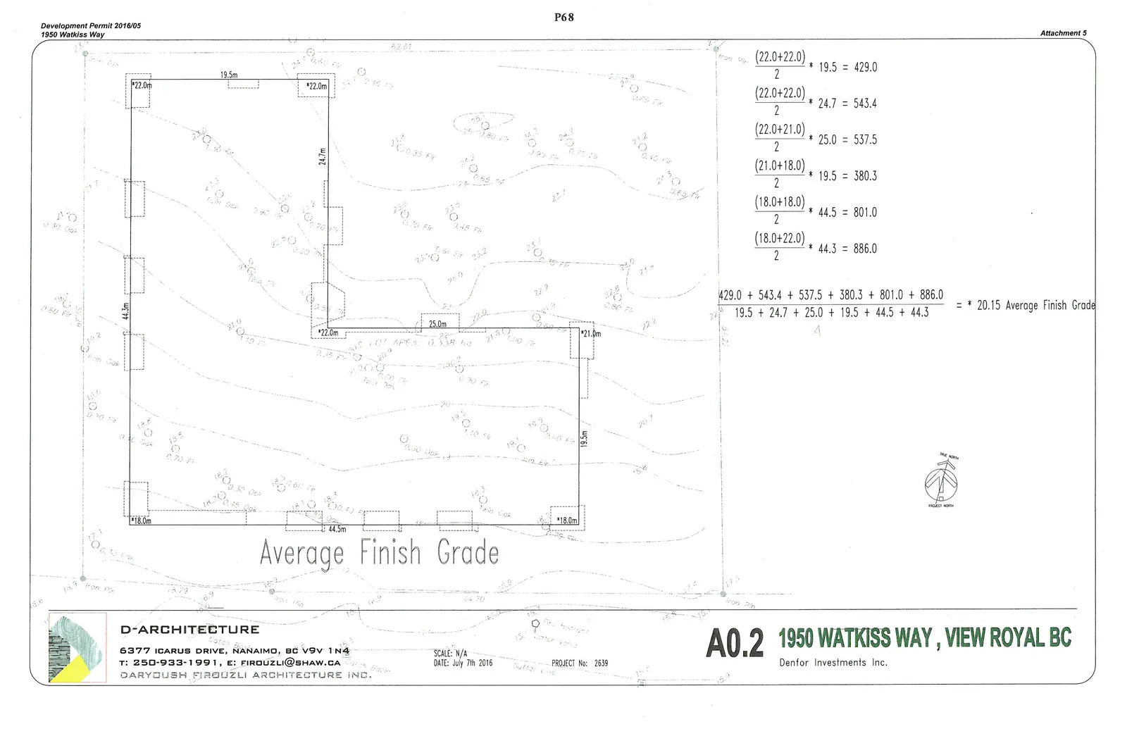Architectural site plan for 1950 Watkiss Way, showing topographical contour lines, building footprint with perimeter segment lengths, corner elevations, and detailed calculations for determining the average finish grade.