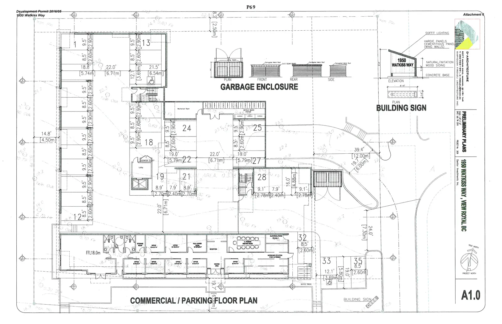 Detailed architectural drawing titled "COMMERCIAL / PARKING FLOOR PLAN" for a development at 1950 Watkiss Way, featuring a floor plan with parking stalls and office spaces, plus detail drawings for a garbage enclosure and a building sign.