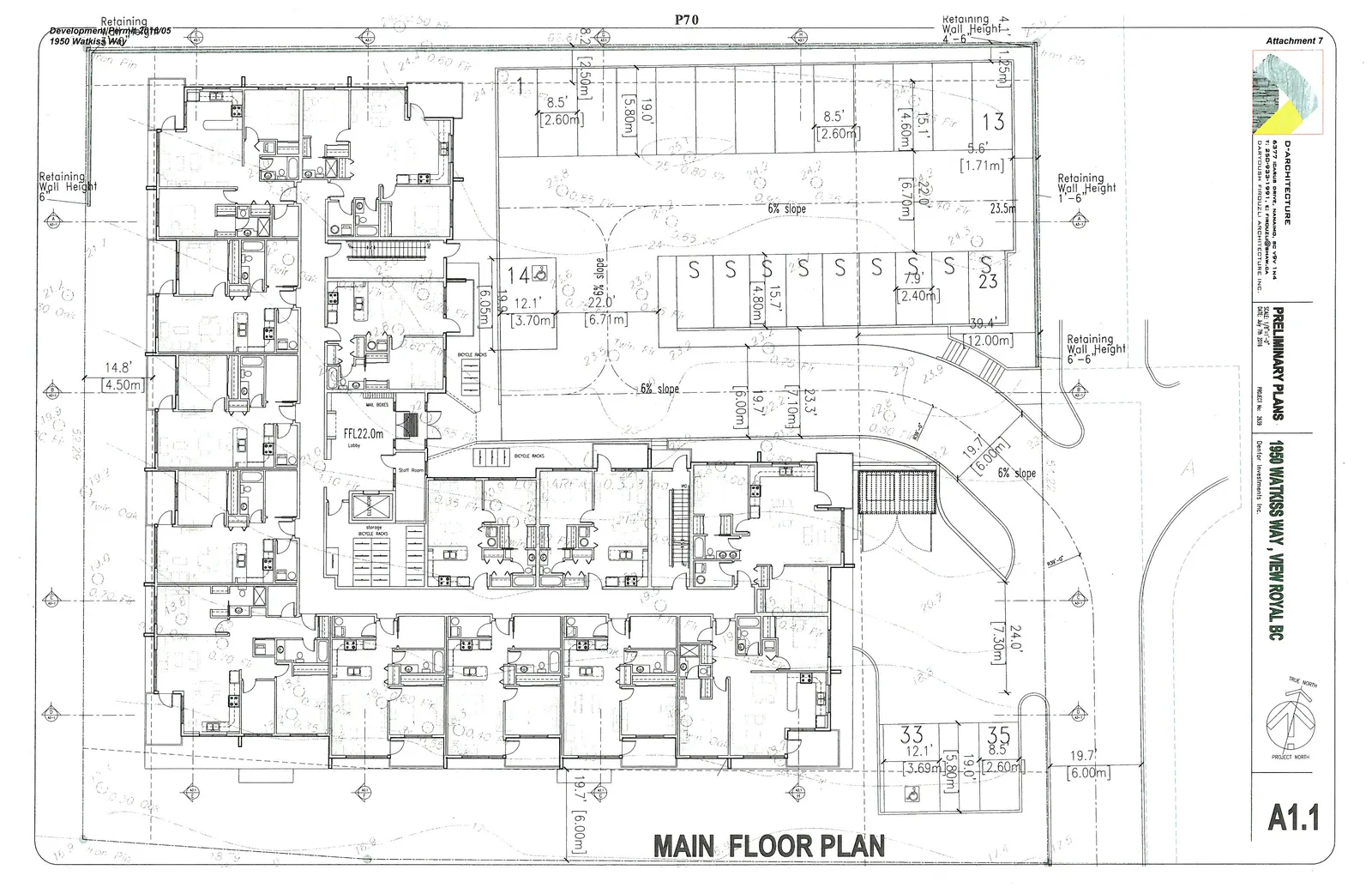 Architectural drawing titled "MAIN FLOOR PLAN" for a development at 1950 Watkiss Way, featuring a U-shaped building footprint with residential units, common areas such as a lobby and bicycle storage, and an outdoor parking lot with numbered stalls.
