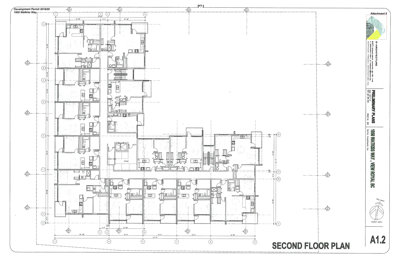Detailed architectural drawing titled "SECOND FLOOR PLAN" showing the layout of multiple residential units. The plan features an L-shaped building footprint with units organized around a central corridor. Key labeled areas include an elevator, storage room, janitor room, and two stairwells. The drawing includes detailed dimensions, grid lines (A through H and 1 through 9), and a north arrow indicating Project North and True North.