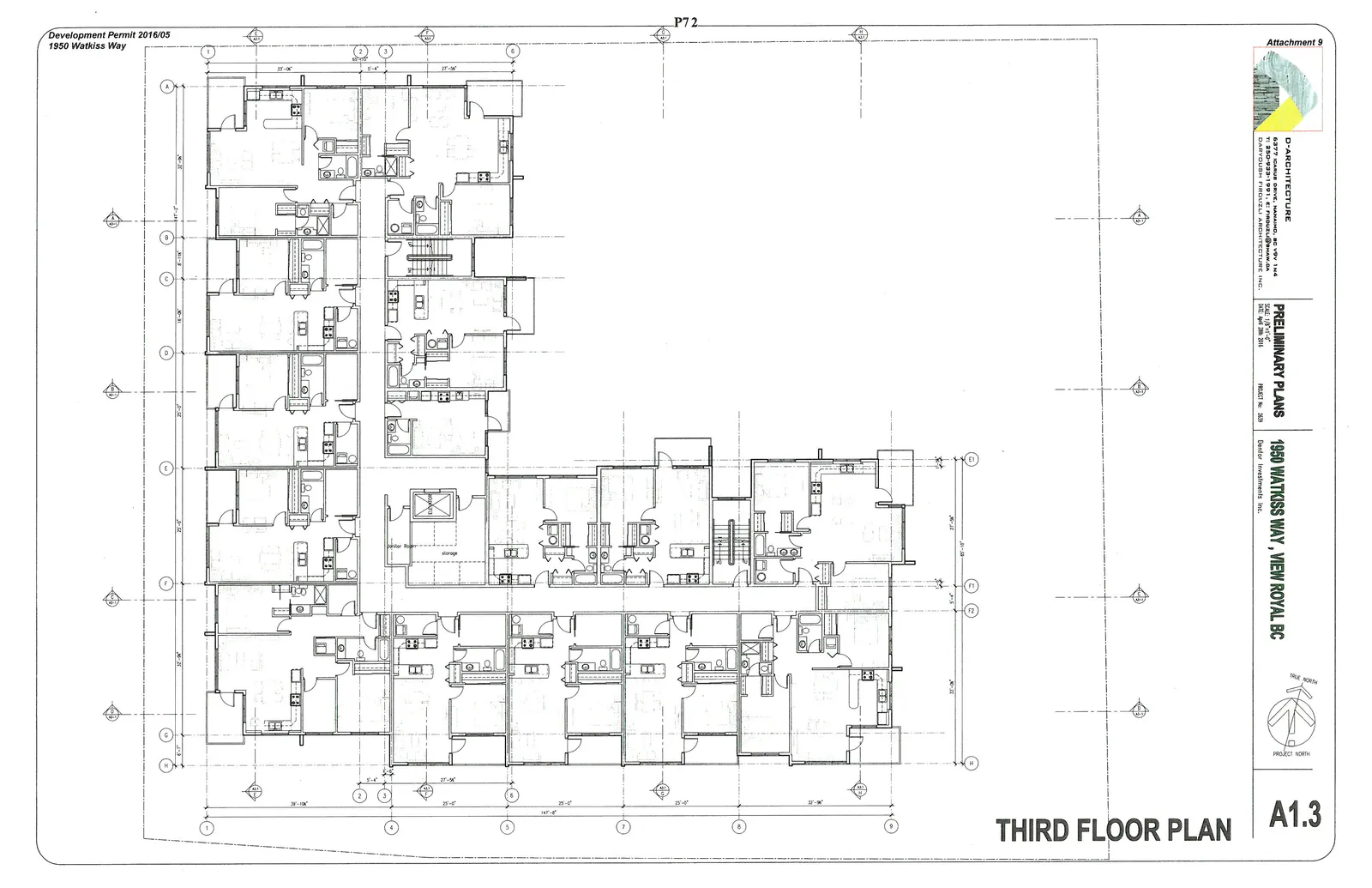Detailed architectural floor plan for the third floor of a multi-unit residential building. The layout shows an L-shaped corridor providing access to numerous apartment units. Each unit includes areas for kitchens, bathrooms, and living spaces. Common building elements shown include an elevator, two stairwells, a janitor room, and storage areas.