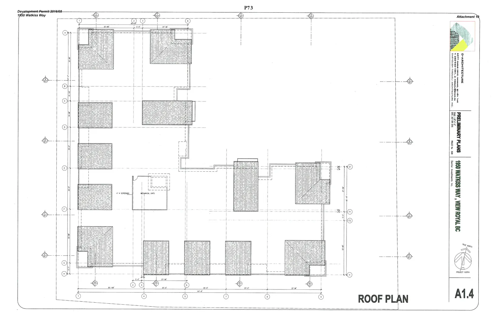 Architectural roof plan for 1950 Watkiss Way. The drawing shows an L-shaped building footprint with various shingled roof sections and a central area for mechanical units protected by 4' high screening. The plan is laid out on a coordinate grid labeled A through H vertically and 1 through 9 horizontally, with detailed dimensions for various roof segments.