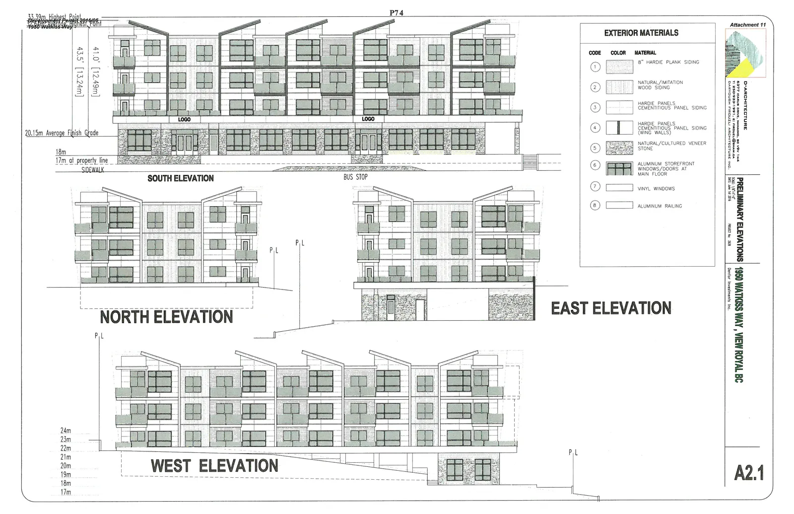 Architectural elevation drawings showing the South, North, East, and West views of the building at 1950 Watkiss Way, including material callouts and site grade measurements.