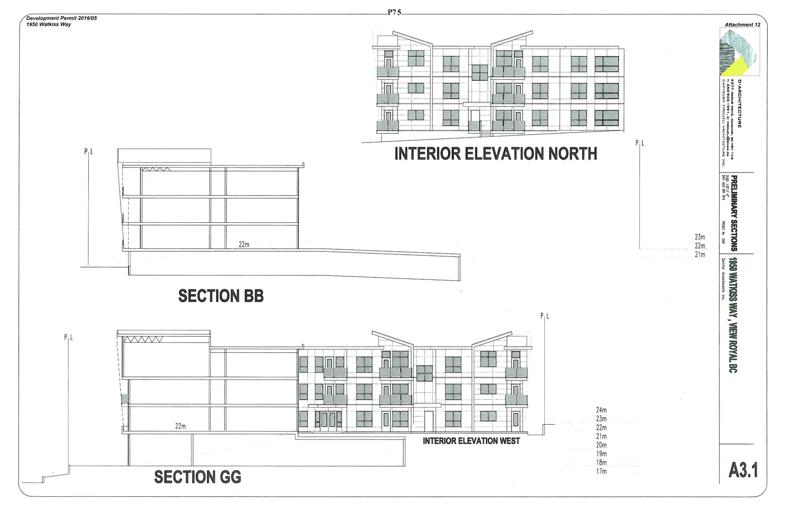 Architectural drawing sheet A3.1 showing preliminary sections and interior elevations, including Interior Elevation North, Section BB, Interior Elevation West, and Section GG.