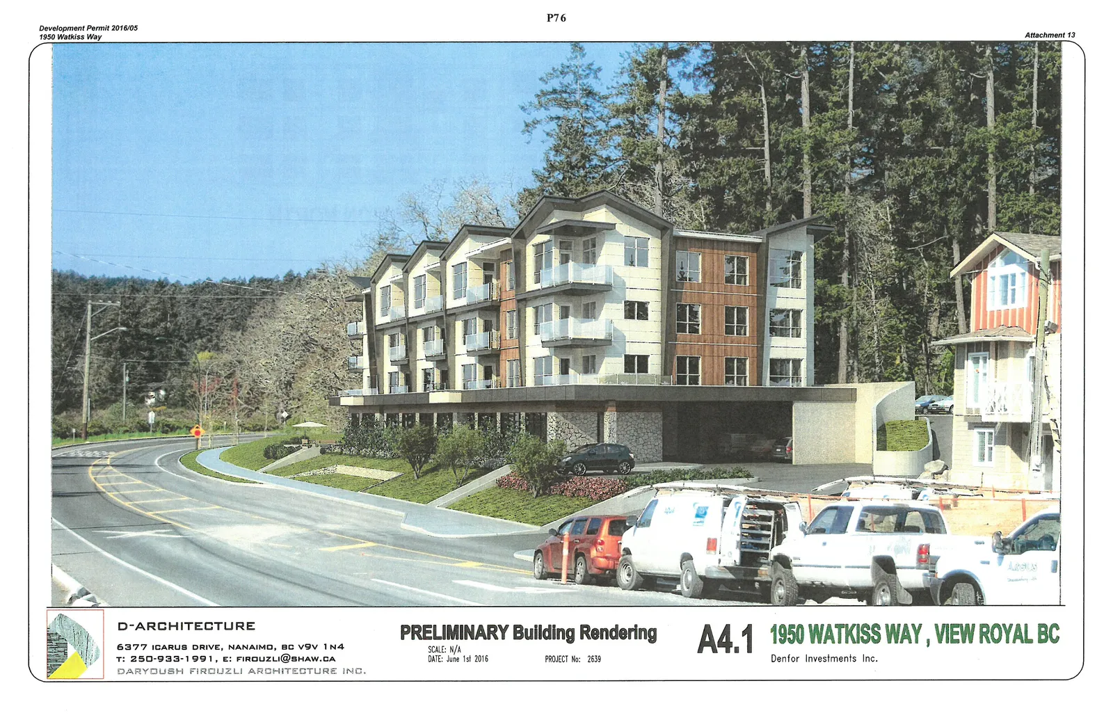 Preliminary architectural rendering of a proposed multi-story residential building at 1950 Watkiss Way, View Royal BC, showing modern exterior design, balconies, integrated parking, and street-level landscaping.