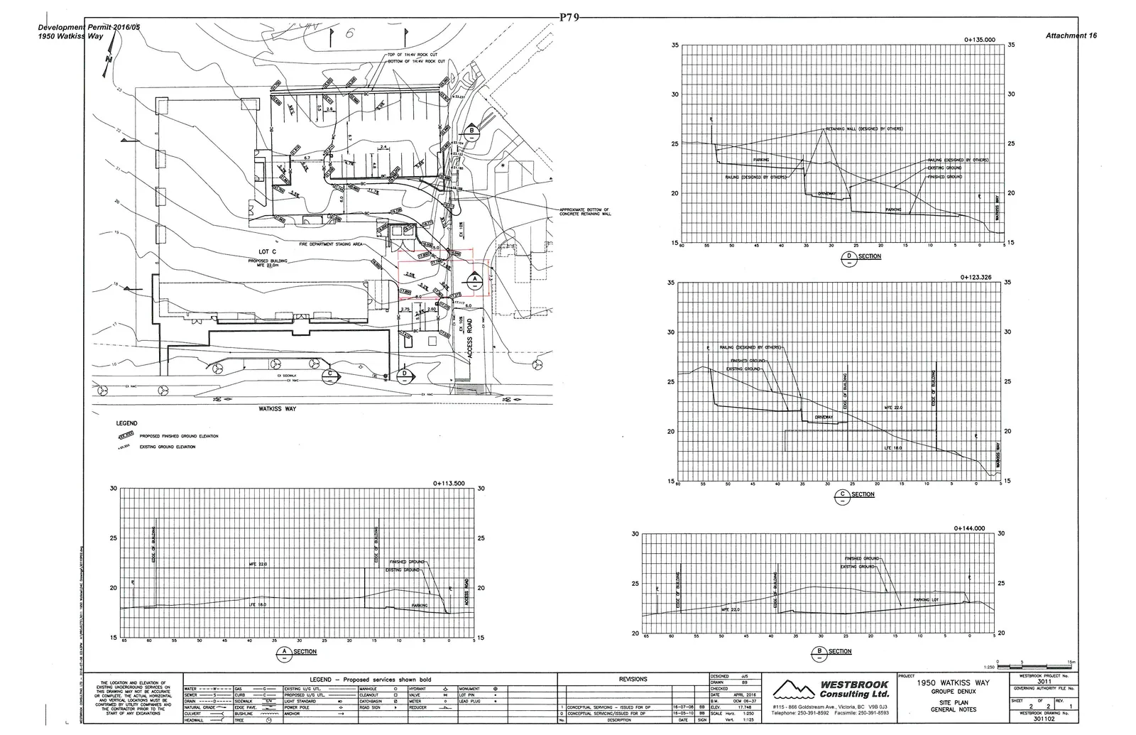 Site plan with cross-section callouts (A, B, C, D) and corresponding profile drawings showing elevations and grades.
