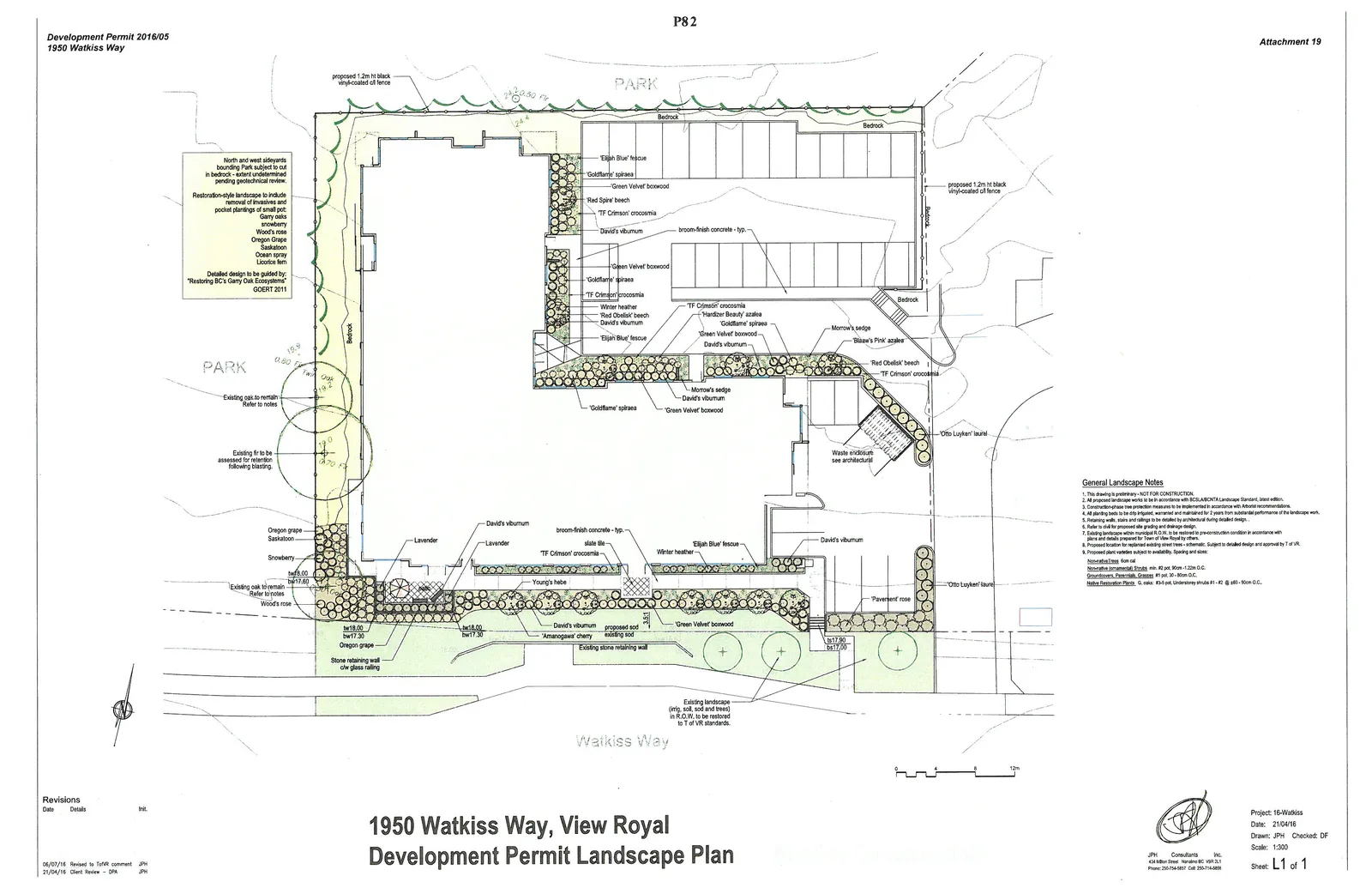 Detailed landscape plan for 1950 Watkiss Way showing the proposed building footprint, parking areas, and surrounding landscape features including a park area, bedrock, and various plant species.