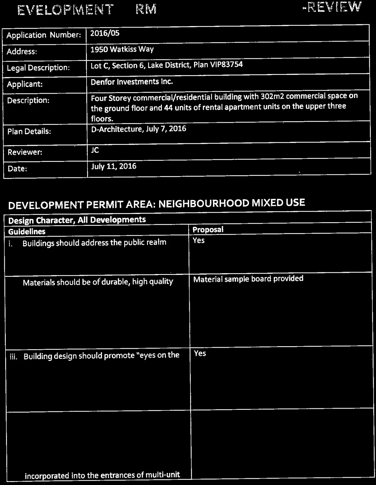 Table showing development permit details and start of Neighbourhood Mixed Use guidelines