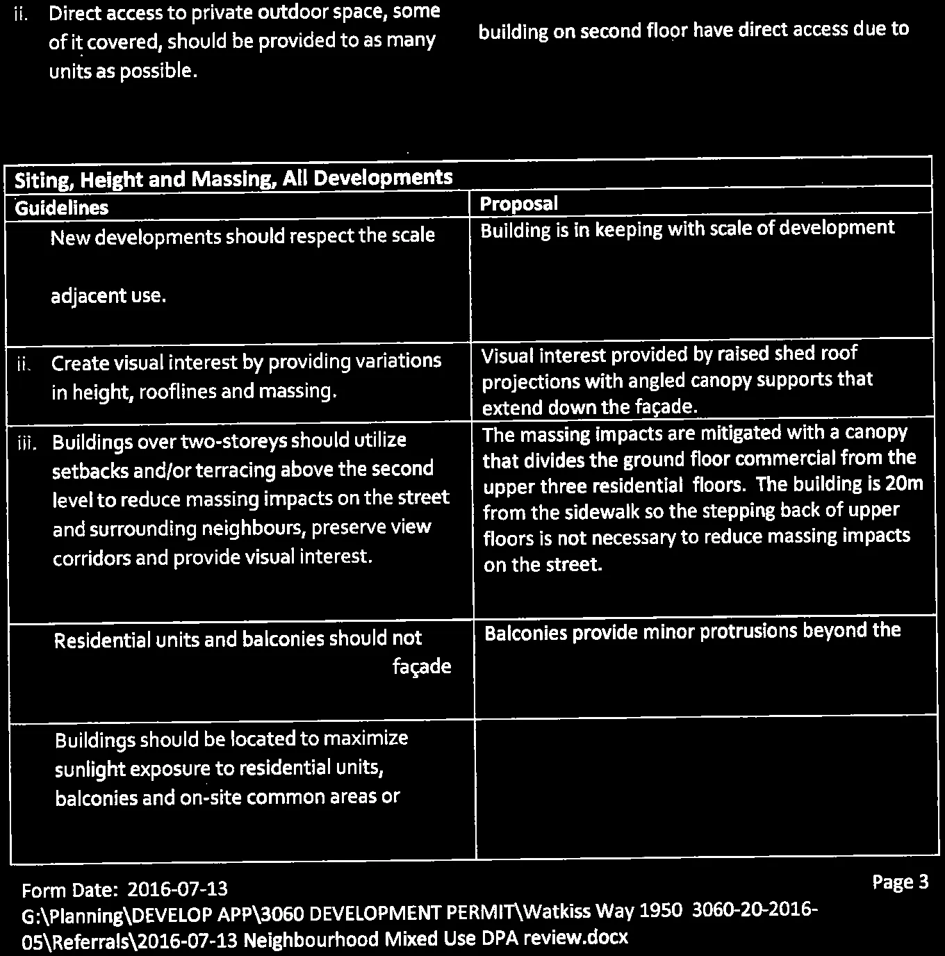 Table showing Siting, Height and Massing guidelines for All Developments