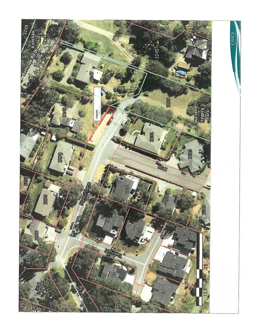 Aerial map of Stancil Lane and surrounding residential properties, with a specific roadside parking area highlighted in red.