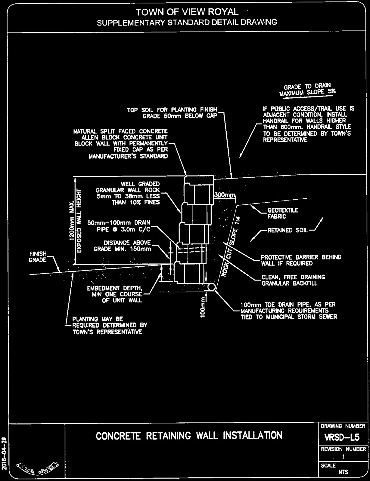 Concrete Retaining Wall Installation Detail Section Drawing