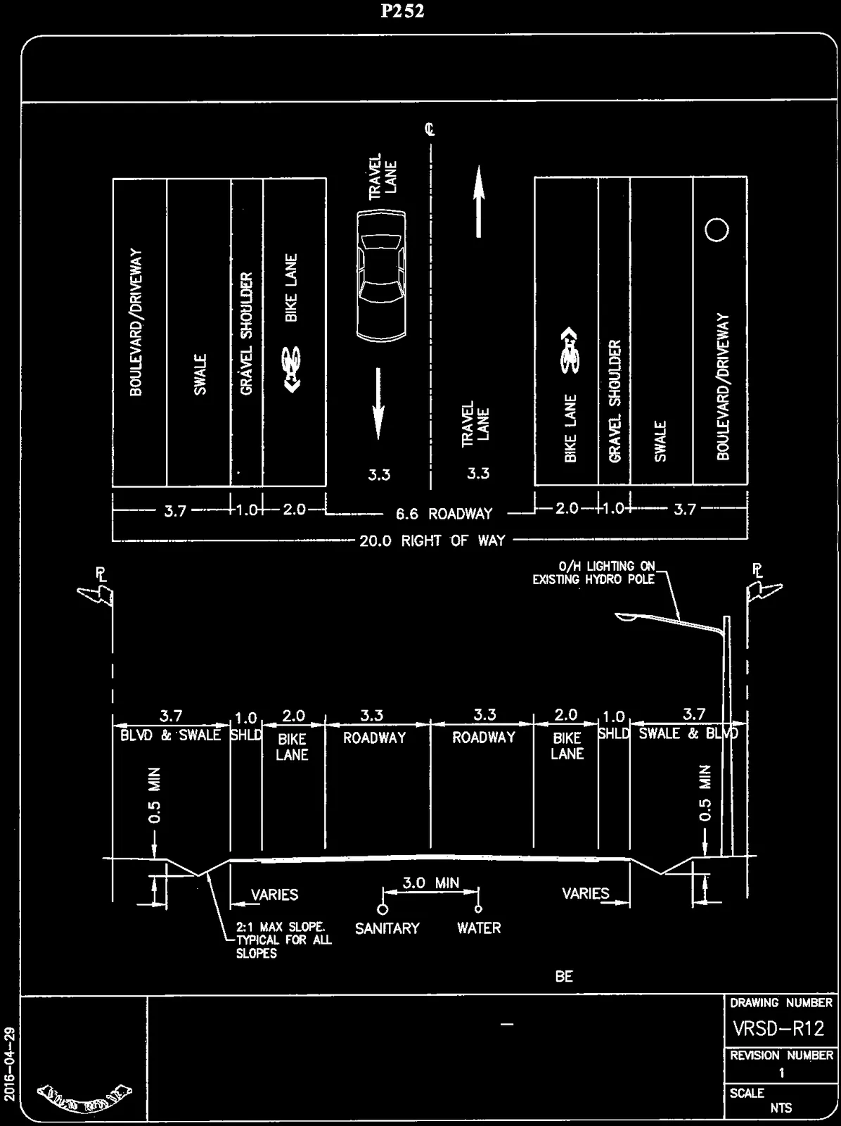 Collector 20m ROW Rural Plan and Cross-Section Drawings