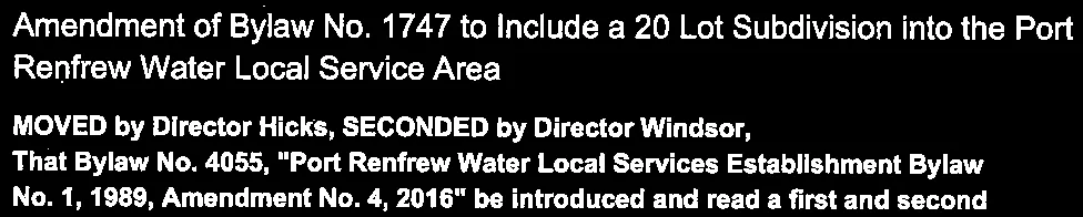 Motion regarding Bylaw No. 4055 for Port Renfrew Water
