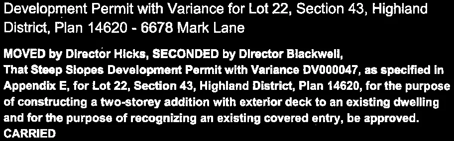 Approval of Development Permit with Variance for Highland District addition