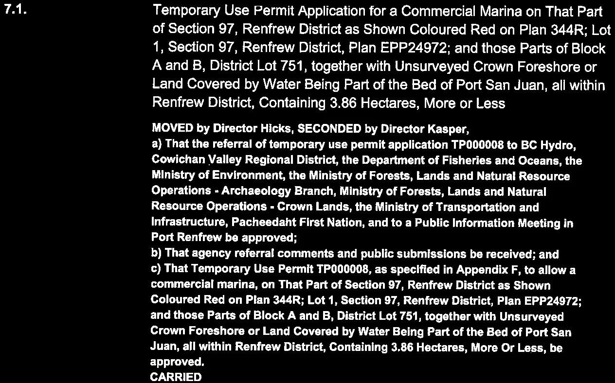 Temporary Use Permit application for commercial marina in Port Renfrew