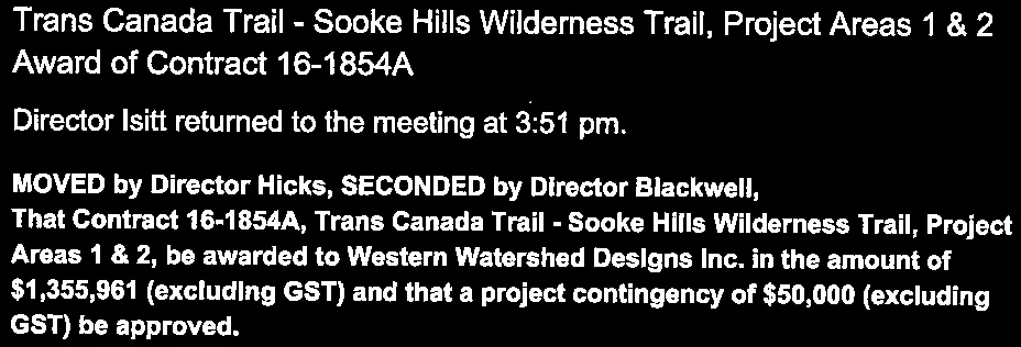 Award of contract for Trans Canada Trail project