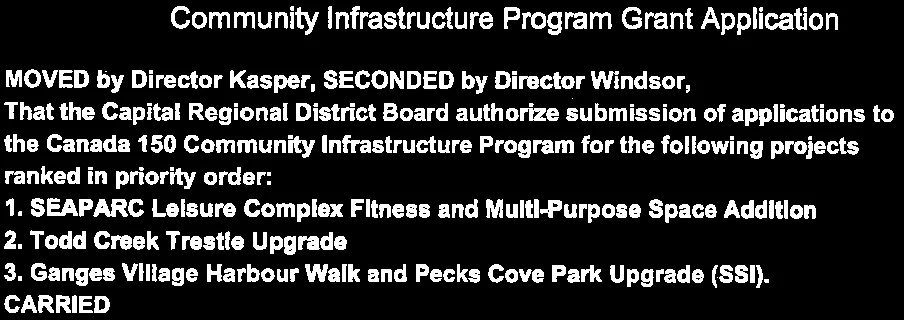 Priority projects for Canada 150 Community Infrastructure Program grant