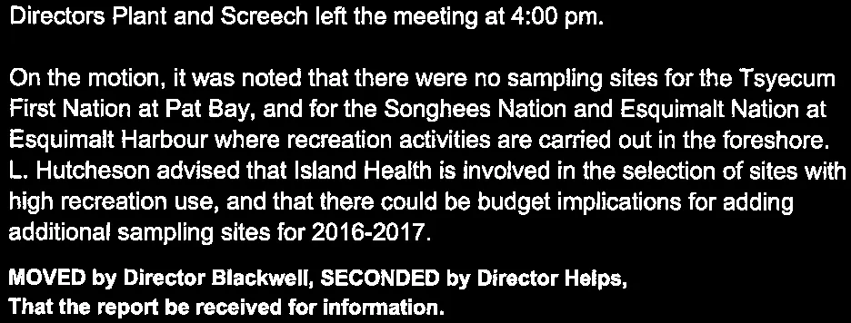 Discussion and motion regarding winter shoreline bacterial levels