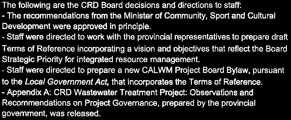 CRD Board decisions and directions regarding the wastewater project