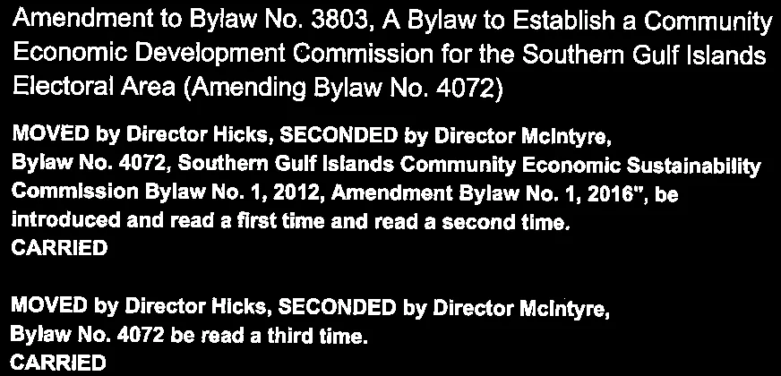 Motions for readings of Bylaw No. 4072 regarding community economic sustainability