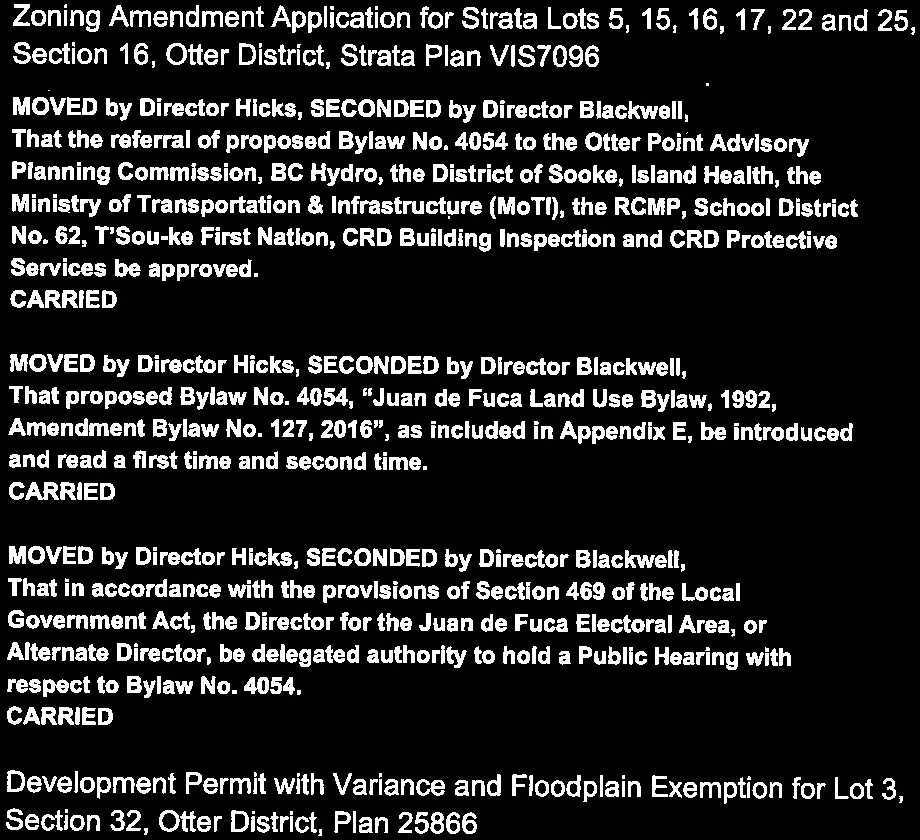 Juan de Fuca land use motions and development permit with variance