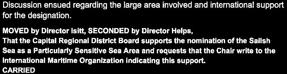 Motion to support nomination of the Salish Sea as a Particularly Sensitive Sea Area