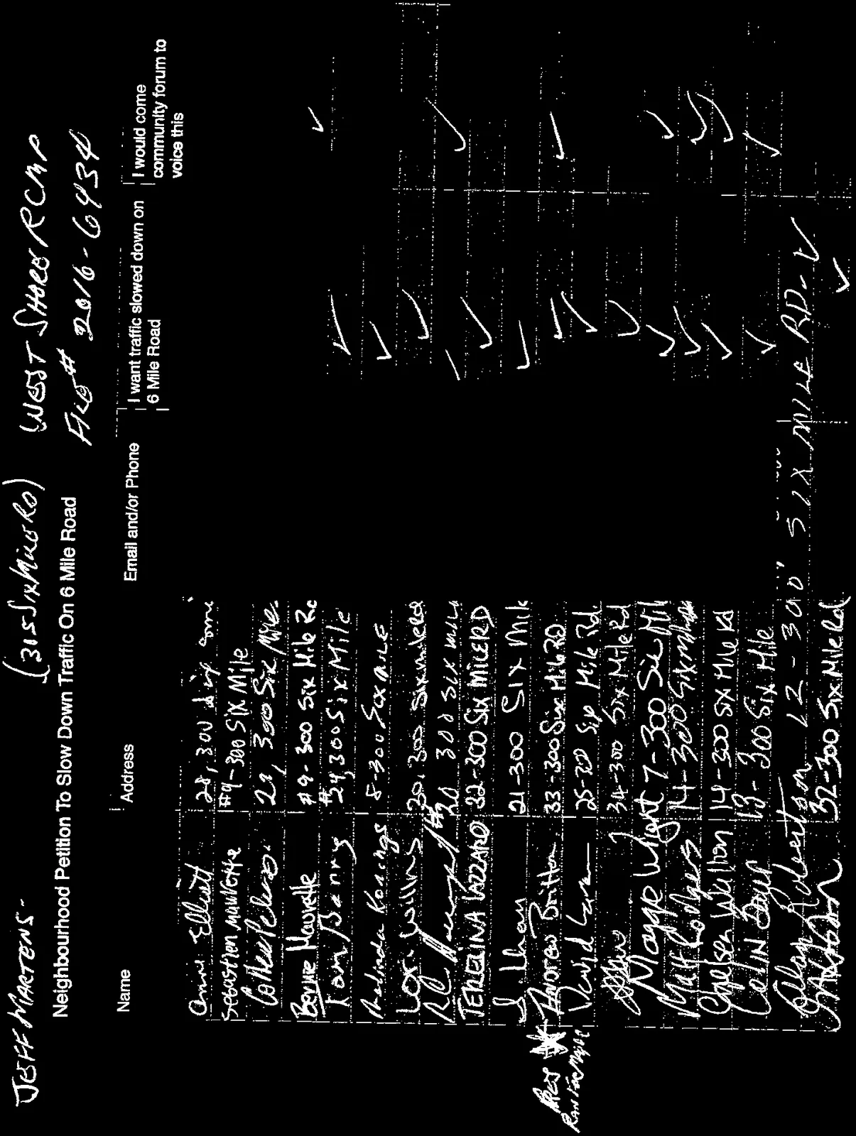 High-contrast scan of petition signatures page 1