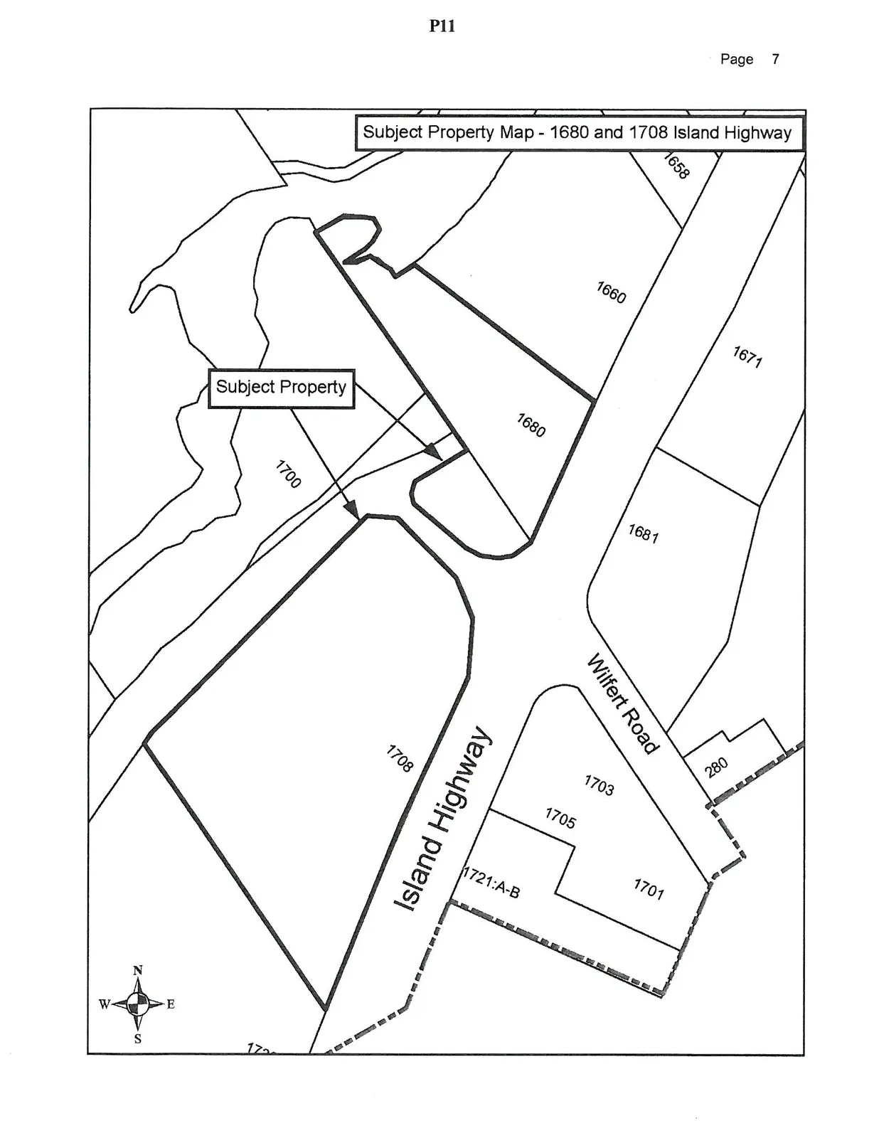 Subject property map highlighting lots 1680 and 1708 on Island Highway, also showing surrounding properties and Wilfert Road.